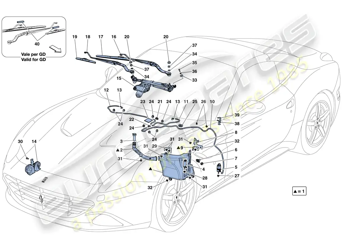 ferrari california t (europe) windscreen wiper, windscreen washer and horns parts diagram
