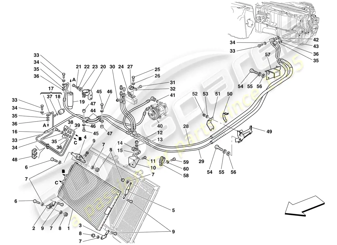 ferrari 612 sessanta (usa) ac system - freon pipes parts diagram