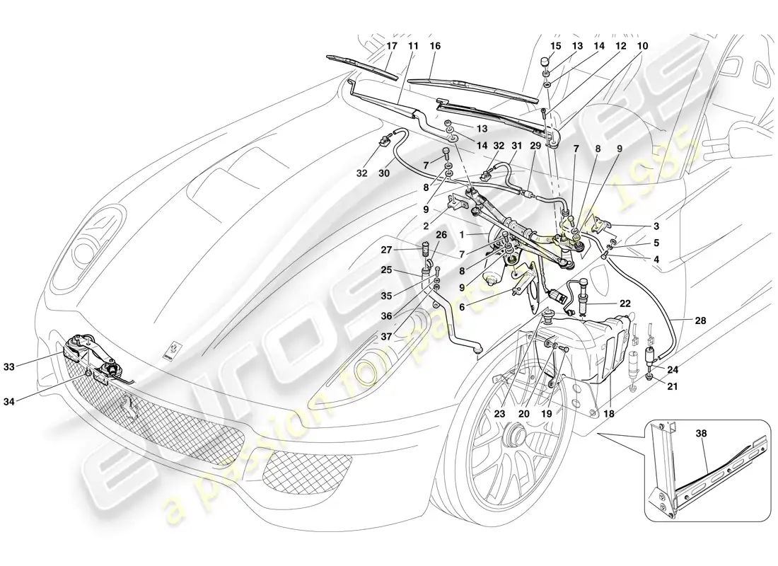 ferrari 599 gto (rhd) windscreen wiper, windscreen washer and horns parts diagram