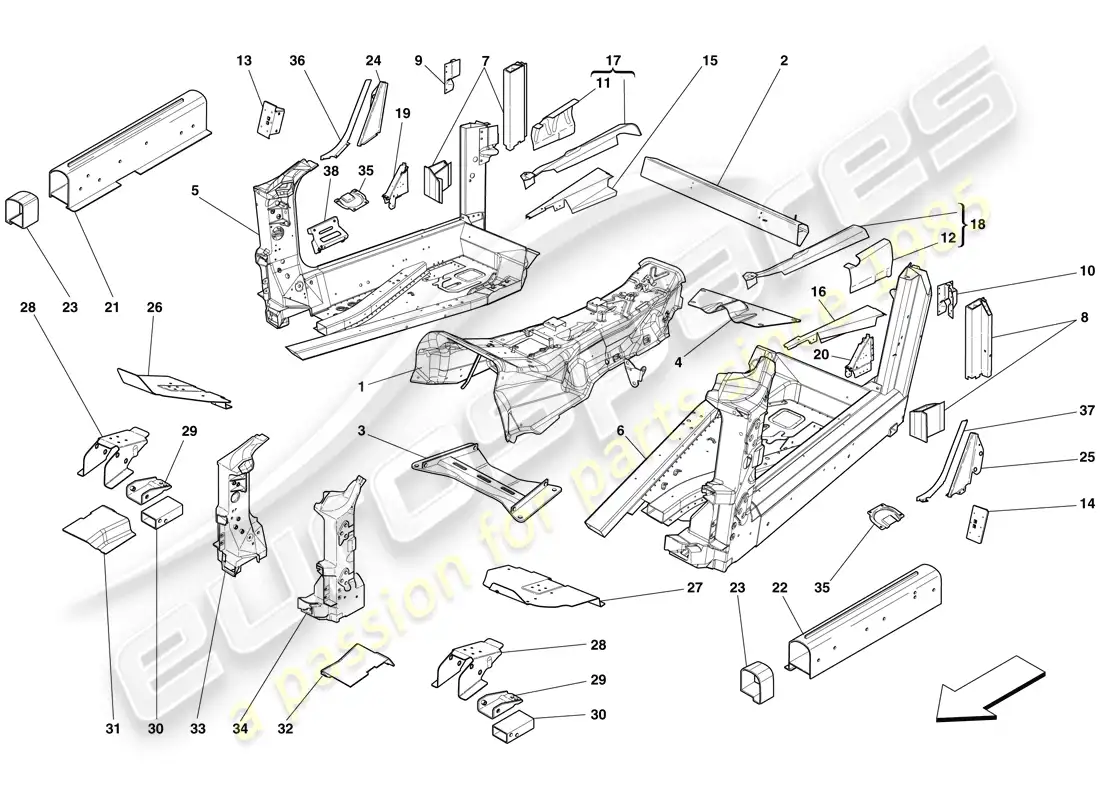 ferrari 599 gto (rhd) structures and elements, centre of vehicle parts diagram