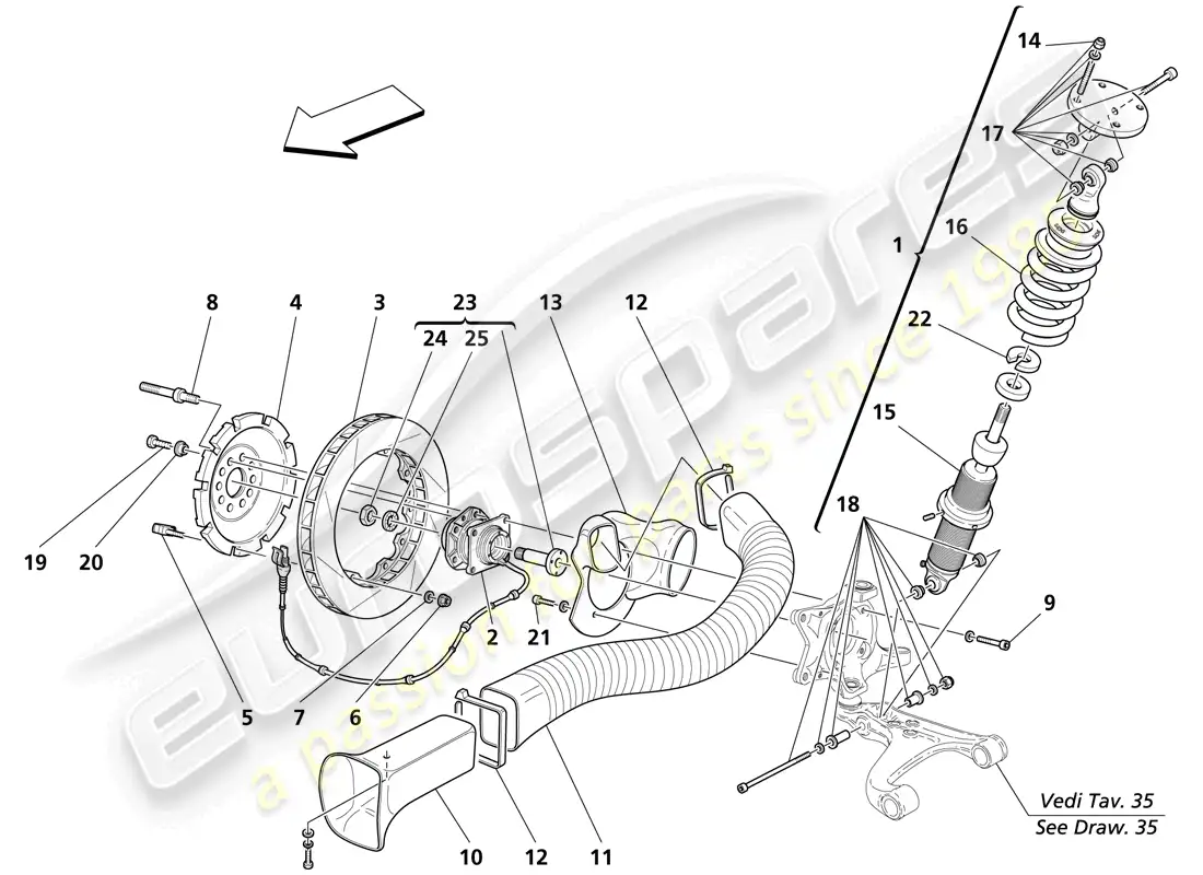 maserati trofeo front suspension - shock absorber and brake disc parts diagram