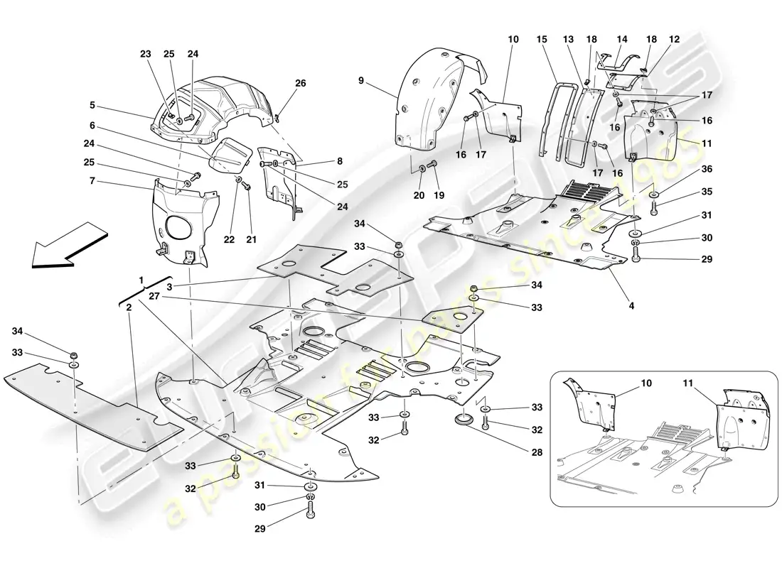 ferrari 612 sessanta (usa) flat undertray and wheelhouses parts diagram