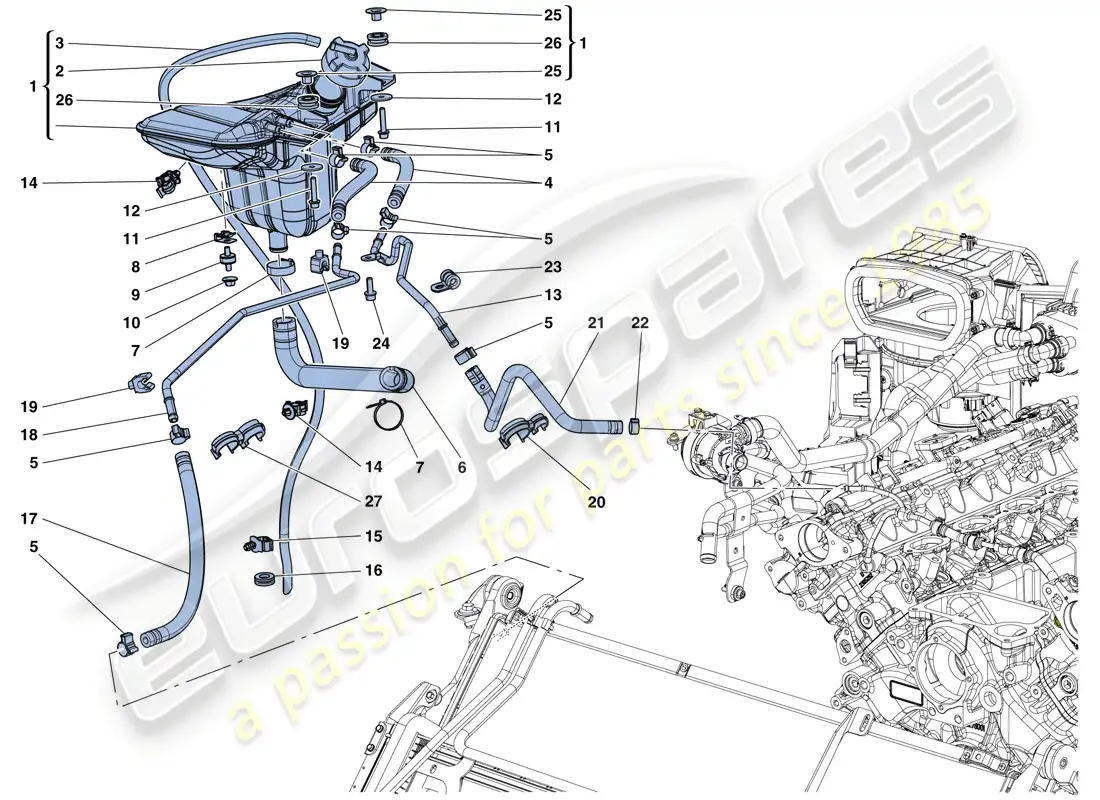 ferrari california t (europe) cooling: header tank and pipes parts diagram