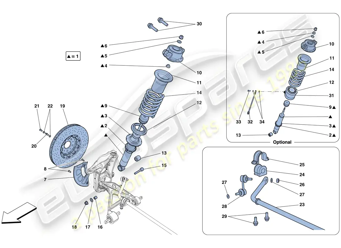 ferrari 488 spider (europe) front suspension - shock absorber and brake disc parts diagram