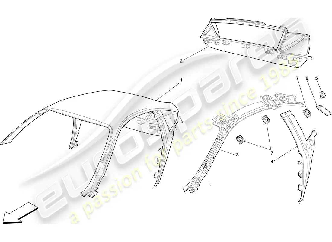 ferrari f430 coupe (rhd) roof - structure parts diagram