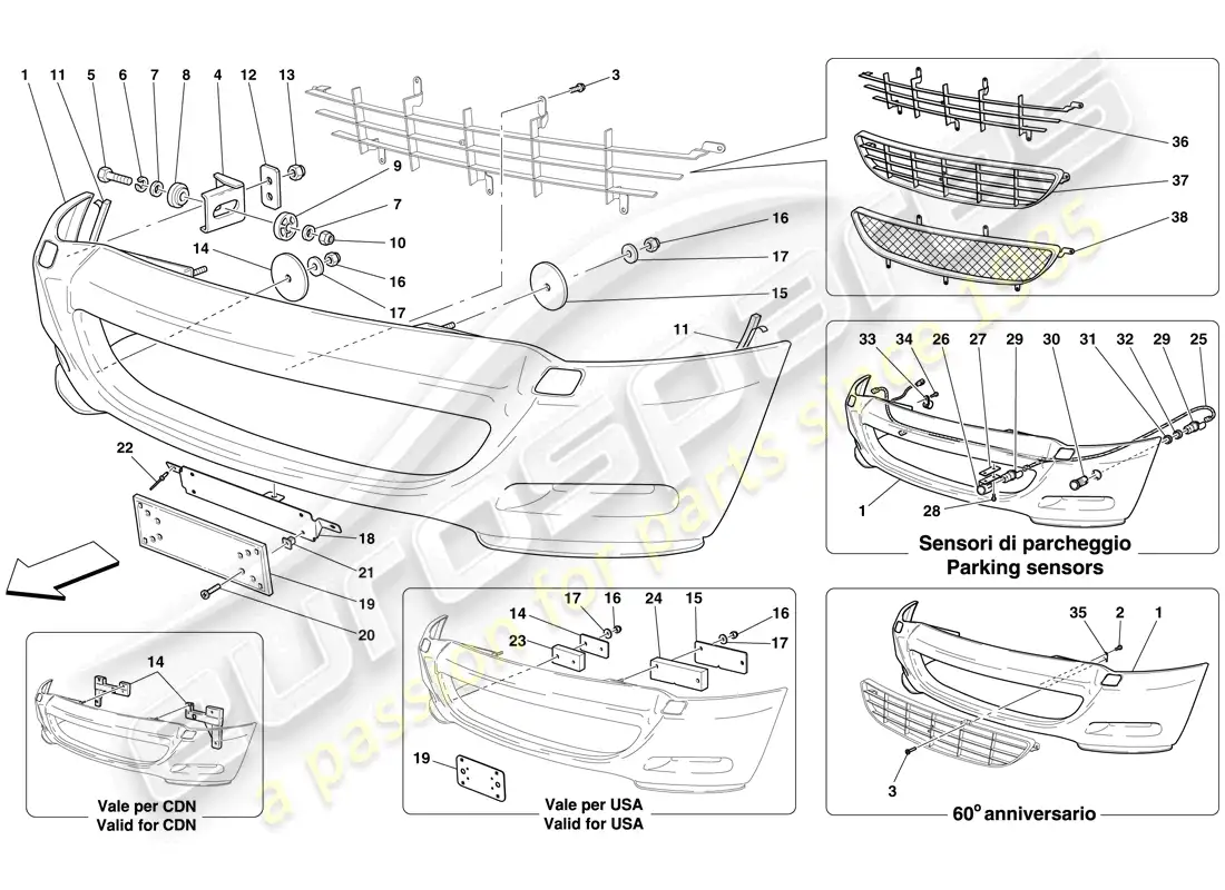ferrari 612 sessanta (usa) front bumper parts diagram