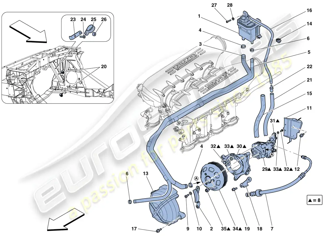 ferrari 458 speciale (rhd) power steering pump and reservoir parts diagram