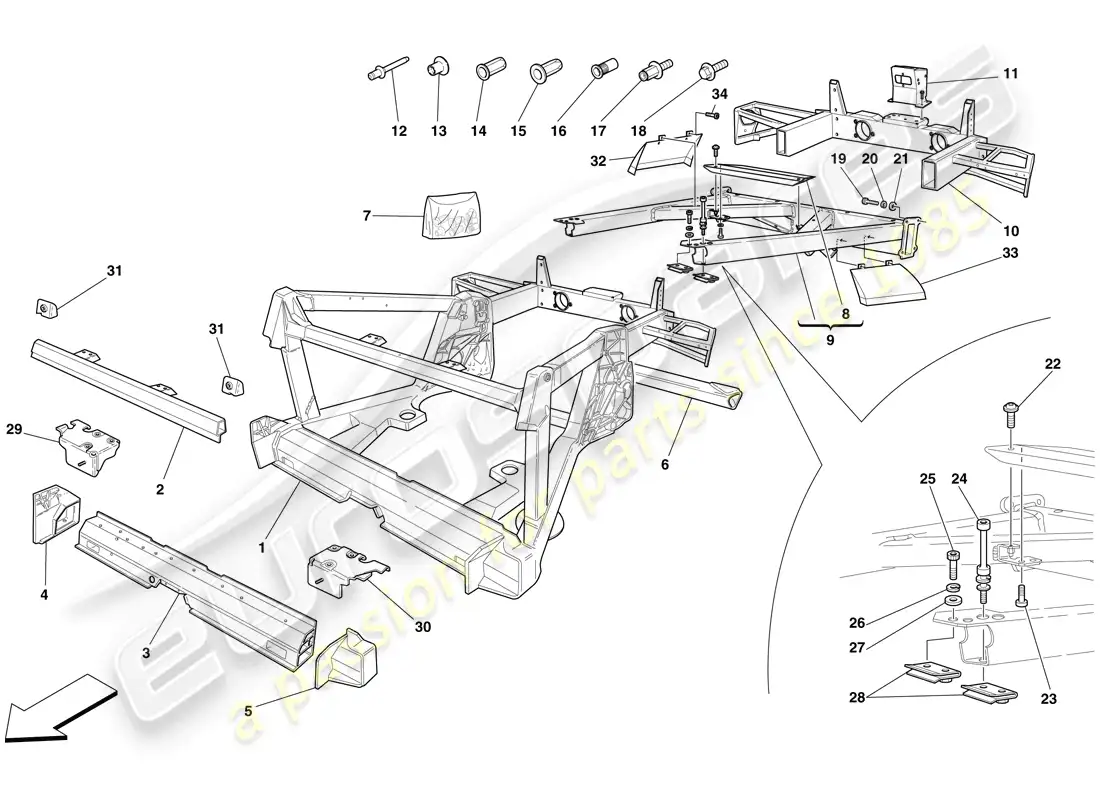 ferrari f430 scuderia (rhd) chassis - structure, rear elements and panels parts diagram