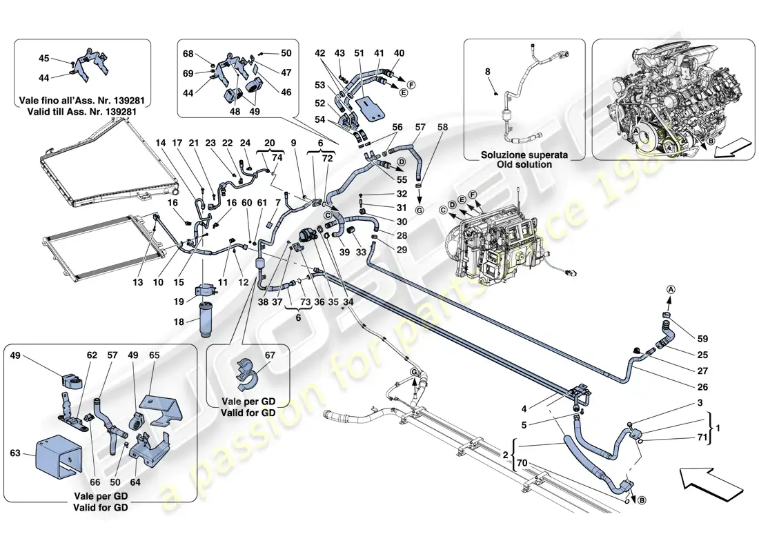 ferrari 488 gtb (rhd) ac system - water and freon parts diagram