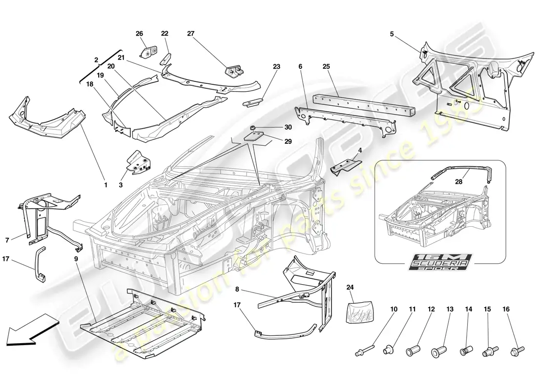 ferrari f430 scuderia spider 16m (europe) chassis - complete front structure and panels parts diagram