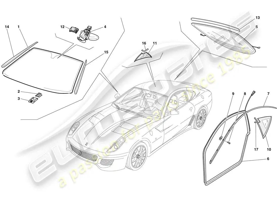 ferrari 599 gto (rhd) screens, windows and seals parts diagram