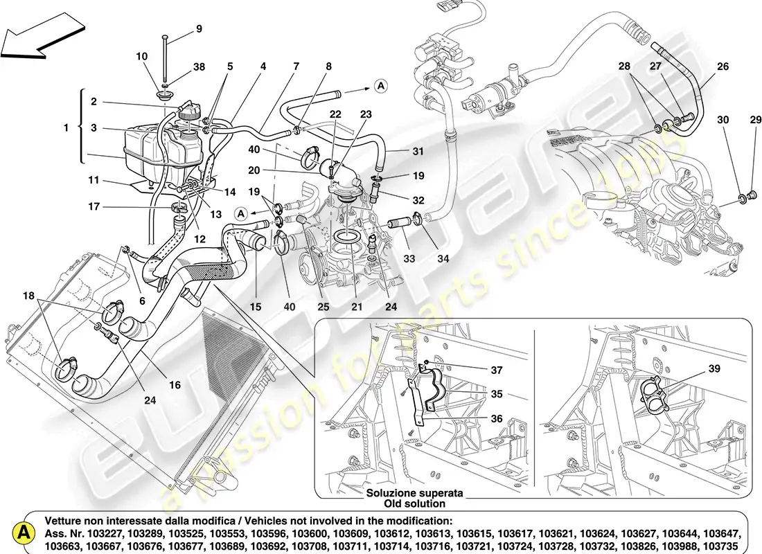 ferrari california (usa) cooling: header tank and pipes parts diagram