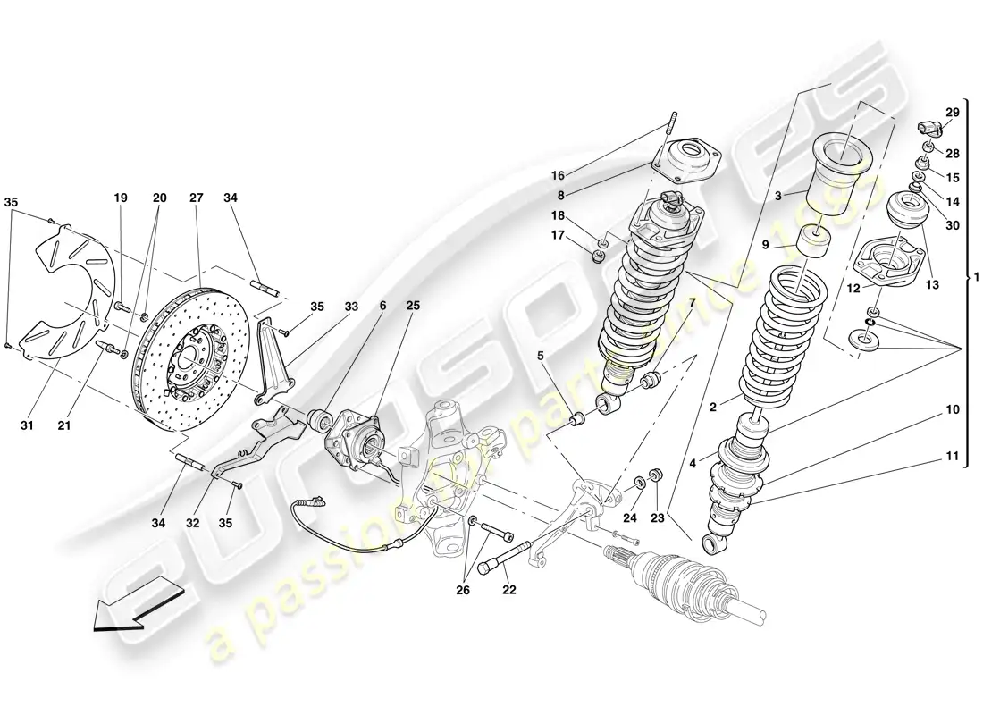 ferrari 599 gto (usa) rear suspension - shock absorber and brake disc parts diagram