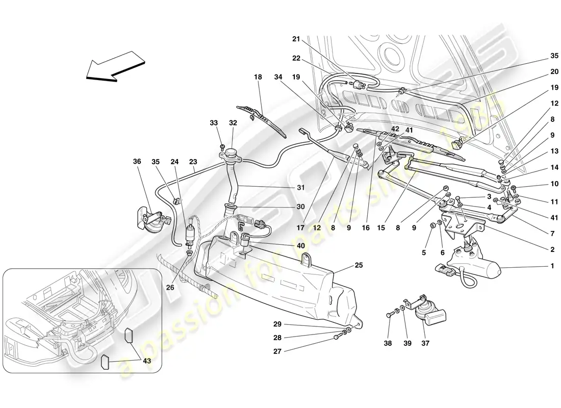 ferrari f430 spider (usa) windscreen wiper, windscreen washer and horns parts diagram
