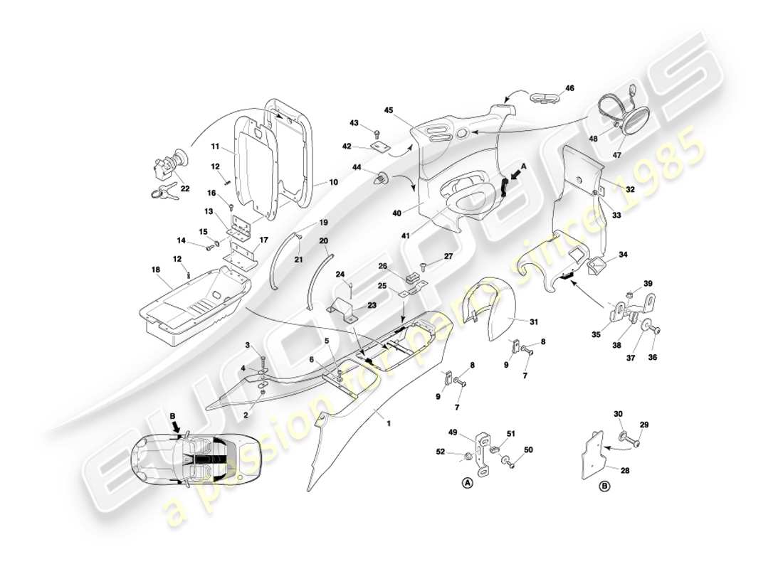 aston martin db7 vantage (2001) centre console & trim, volante part diagram