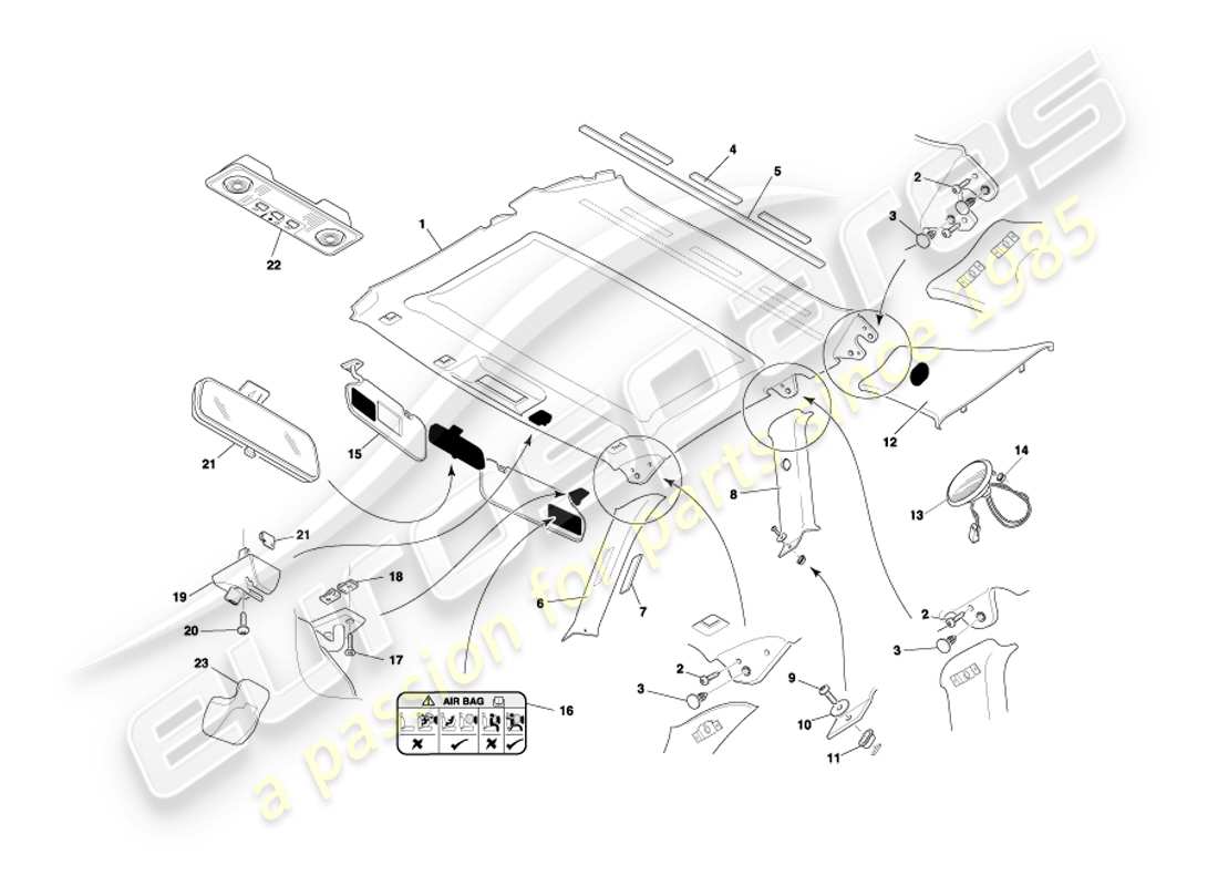 aston martin db7 vantage (2001) coupe upper trim & roof lining part diagram