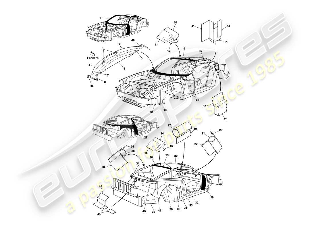 aston martin v8 coupe (2000) chassis superstructure parts diagram