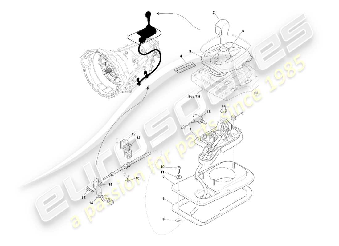 aston martin db7 vantage (2001) automatic transmission, gear selector assy part diagram