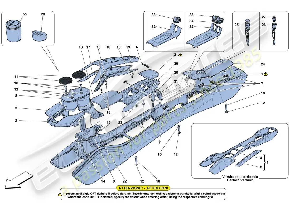 ferrari 488 gtb (rhd) tunnel - substructure and accessories parts diagram