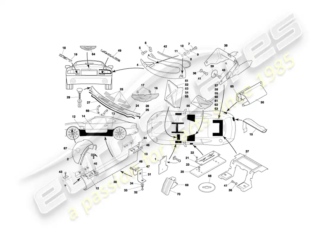 aston martin db7 vantage (1999) body fittings part diagram