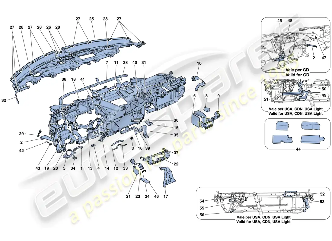 ferrari 488 gtb (rhd) dashboard - substructure parts diagram