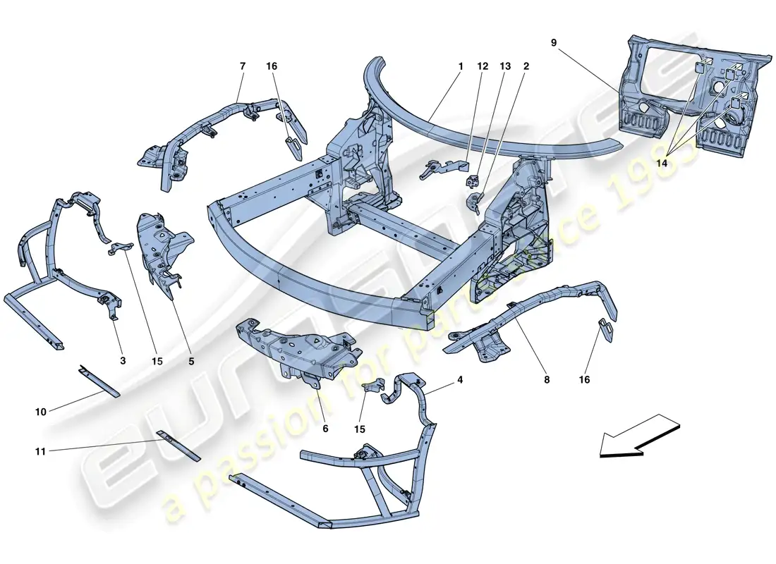 ferrari 458 speciale aperta (rhd) chassis - complete front structure and panels parts diagram