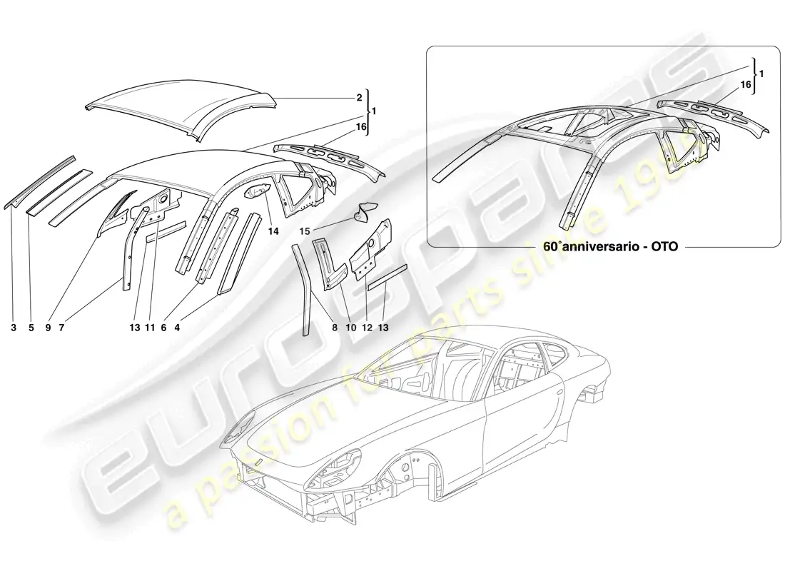 ferrari 612 sessanta (usa) bodyshell - roof parts diagram