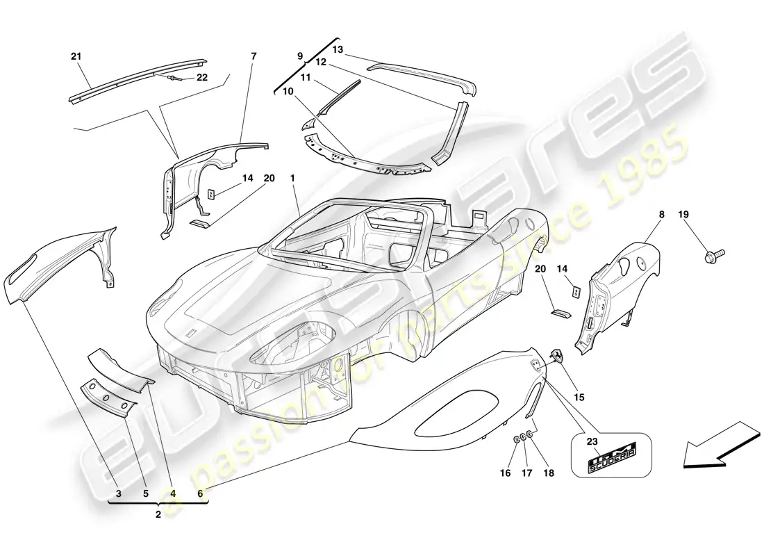 ferrari f430 scuderia spider 16m (europe) bodyshell - exterior trim parts diagram