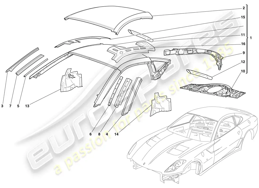ferrari 599 gto (rhd) bodyshell - roof parts diagram