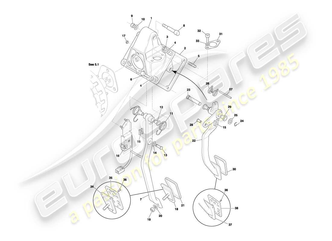 aston martin db7 vantage (2003) pedal gear, manual brake & clutch part diagram