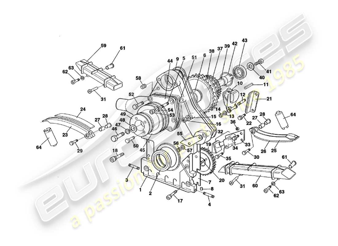 aston martin v8 volante (1997) timing case, water pump & sprockets part diagram