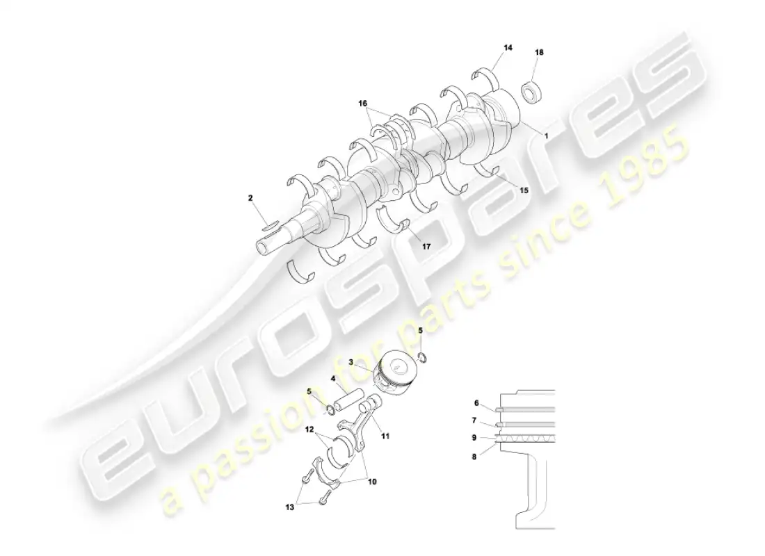 aston martin vanquish (2002) crankshaft, pistons & rods parts diagram