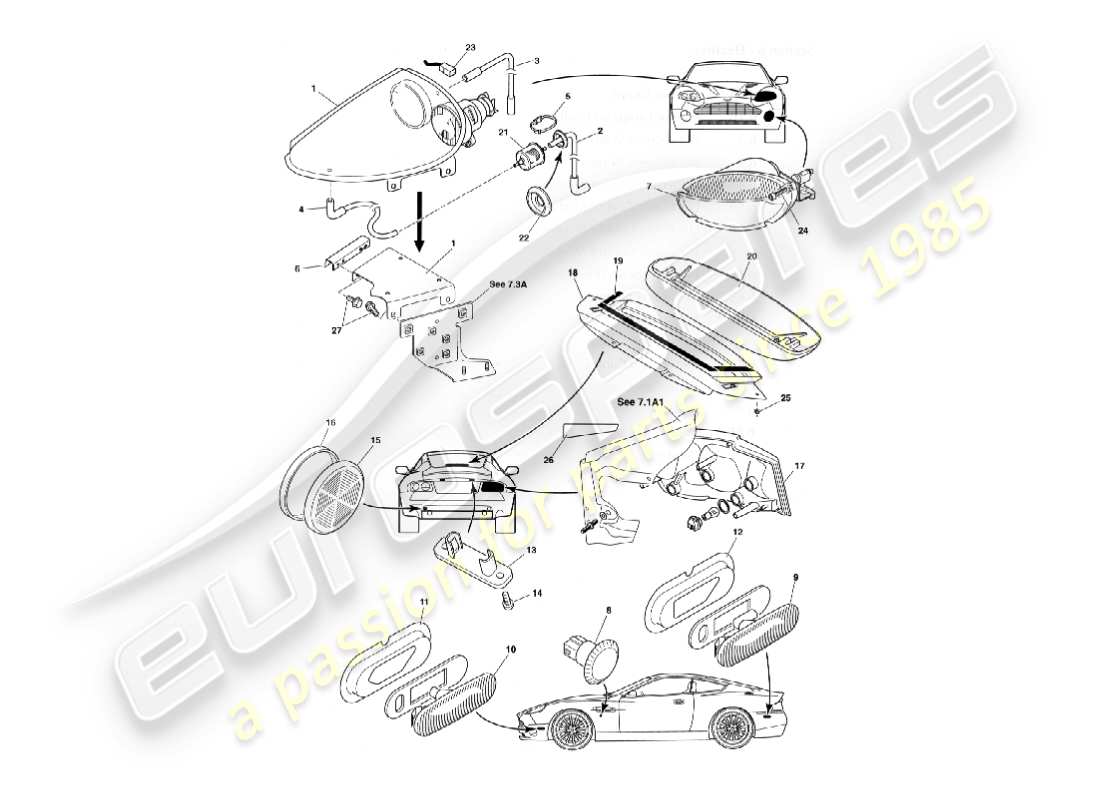 aston martin vanquish (2006) exterior lamps part diagram