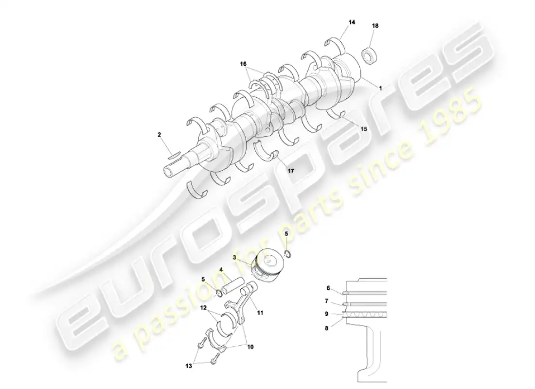 aston martin vanquish (2003) crankshaft, pistons & rods parts diagram