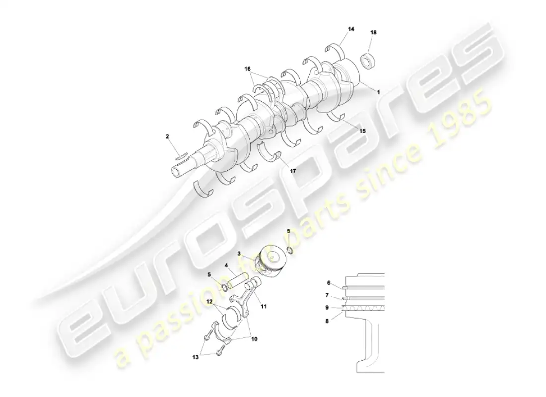 aston martin vanquish (2005) crankshaft, pistons & rods parts diagram
