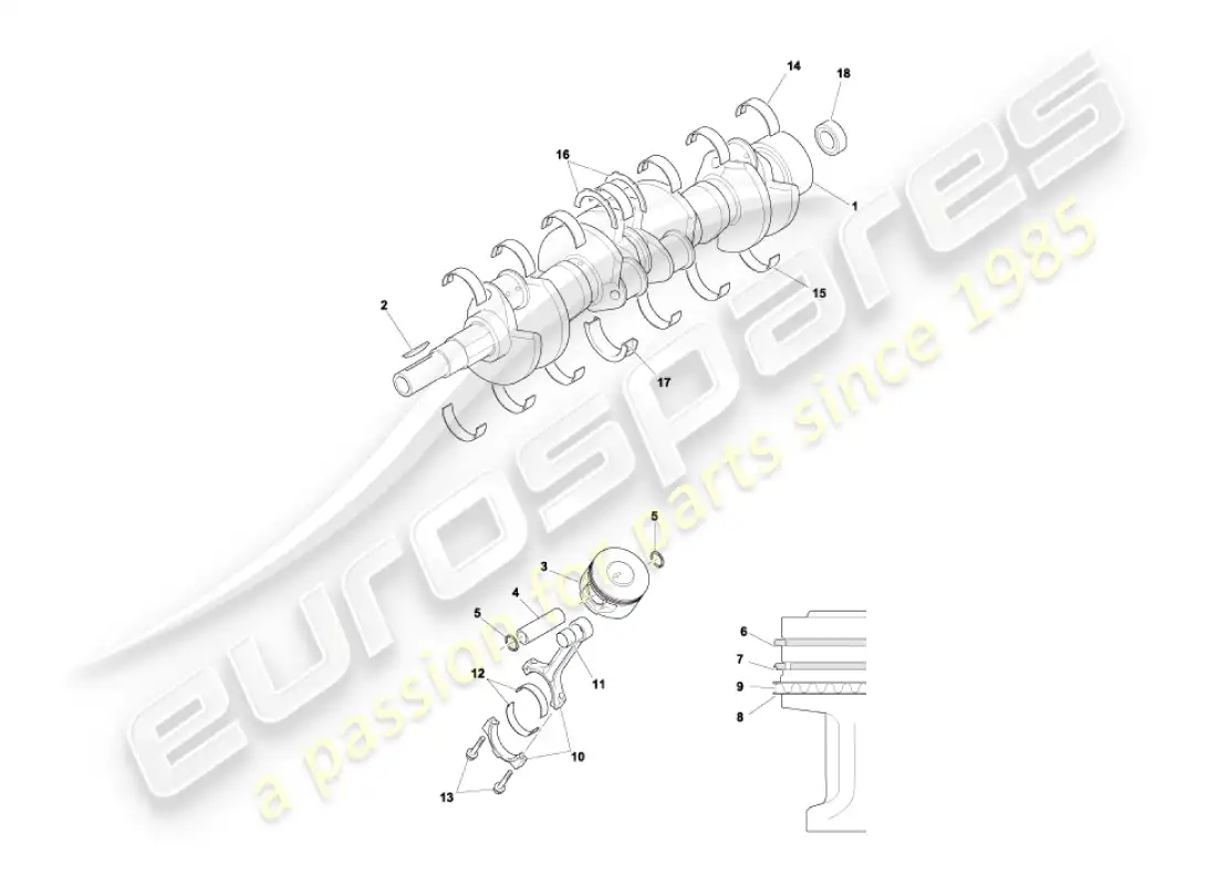 aston martin vanquish (2006) crankshaft, pistons & rods parts diagram