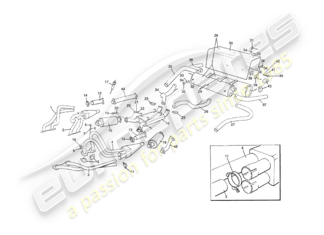 aston martin v8 virage (1999) exhaust system, volante, 1993 to vin 60224 part diagram