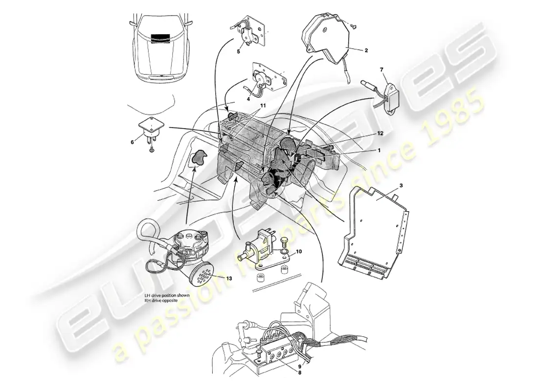aston martin v8 coupe (1999) sensors, switches, solenoids, motors etc parts diagram