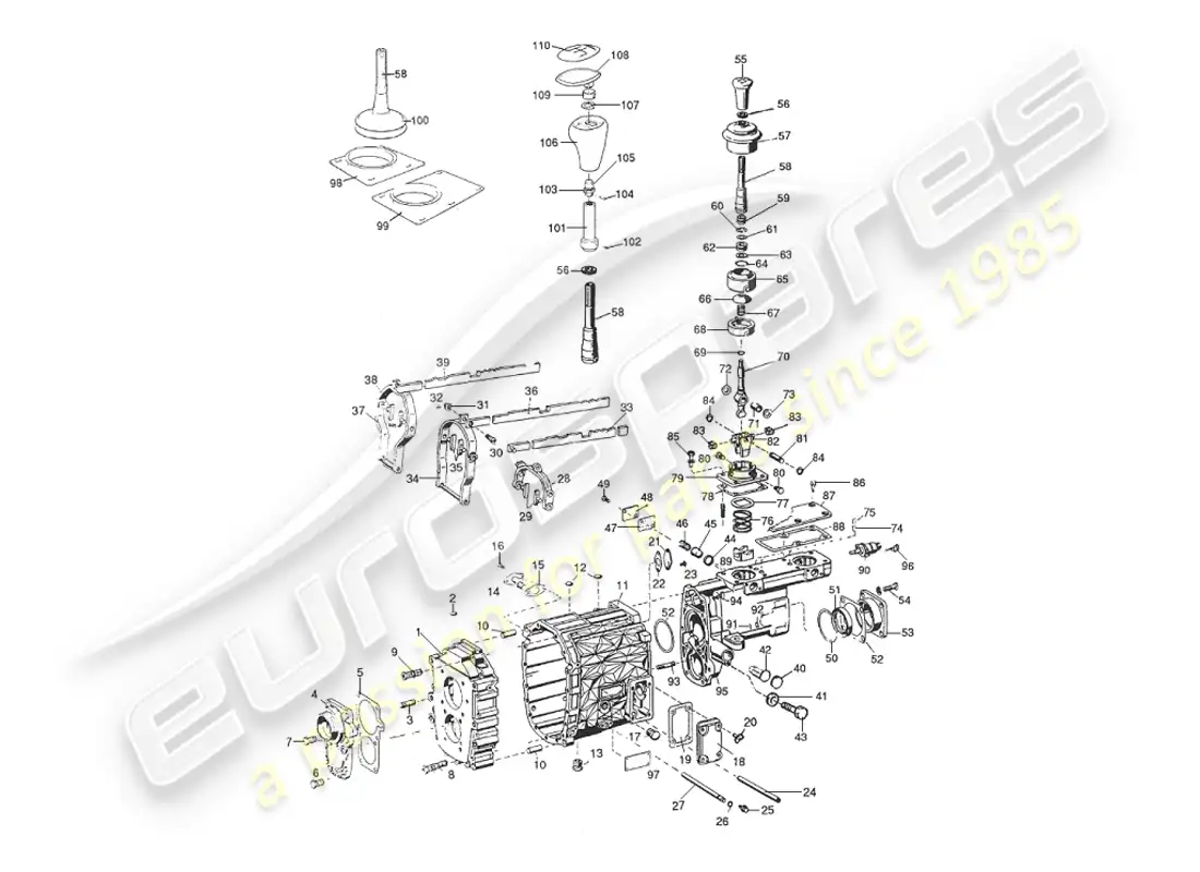aston martin v8 virage (1999) manual gearbox, casing & selector parts diagram