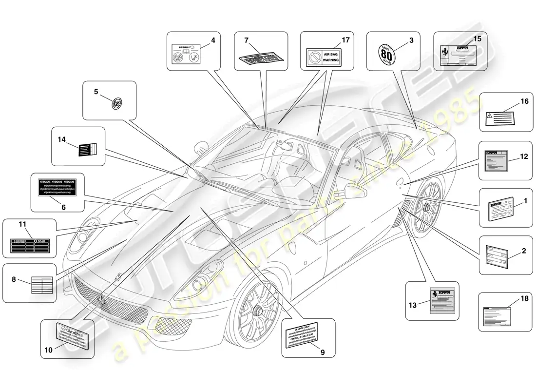 ferrari 599 gto (rhd) adhesive labels and plaques parts diagram
