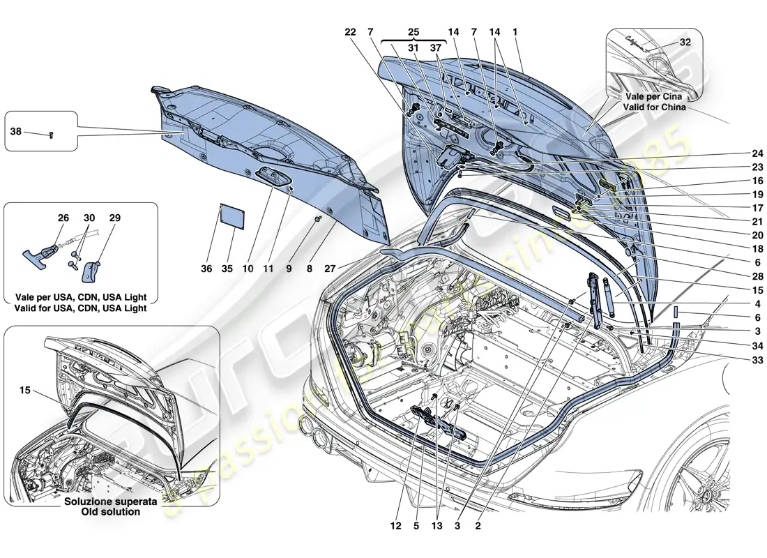 ferrari california t (usa) rear lid and opening mechanism parts diagram