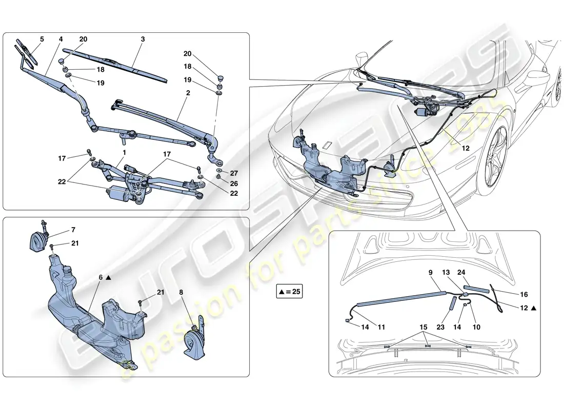 ferrari 458 italia (usa) windscreen wiper, windscreen washer and horns parts diagram