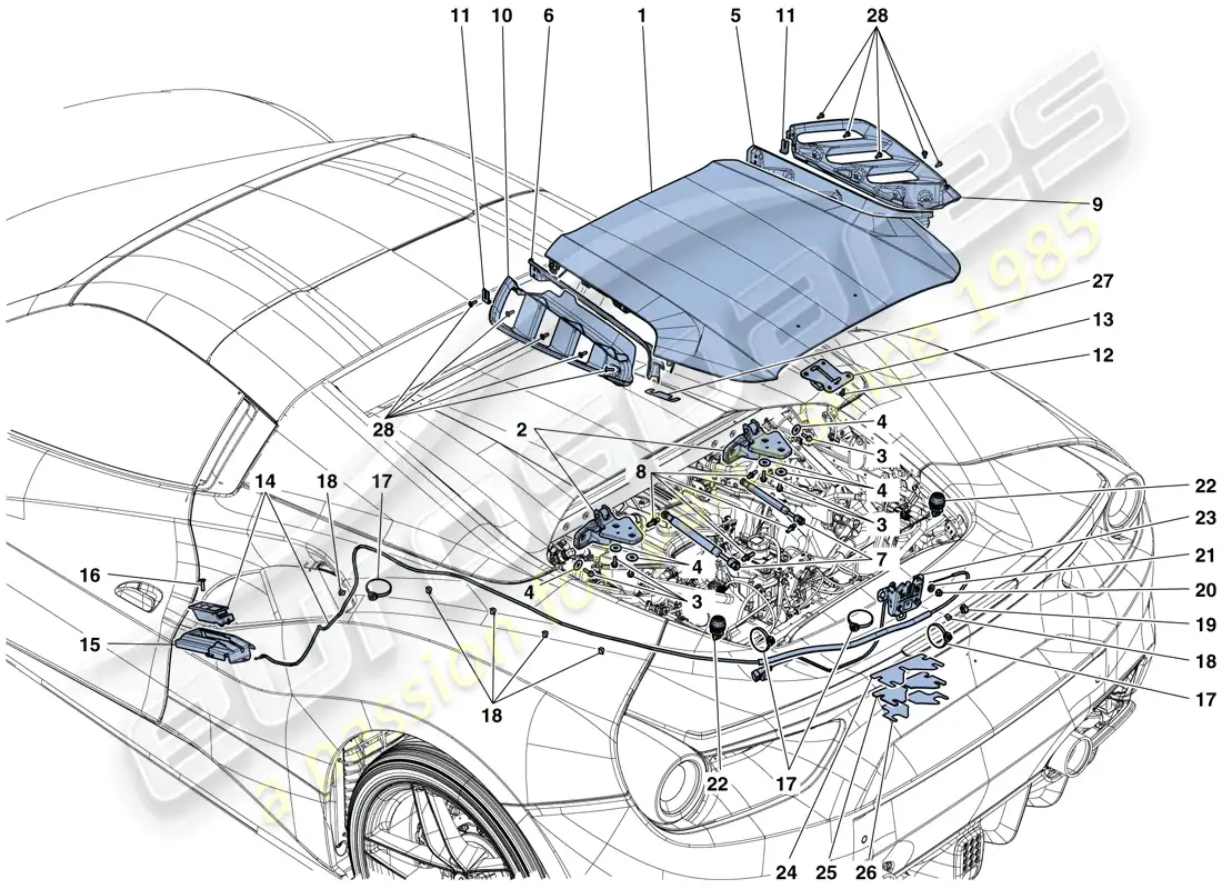 ferrari 488 spider (europe) engine compartment lid and release mechanism parts diagram