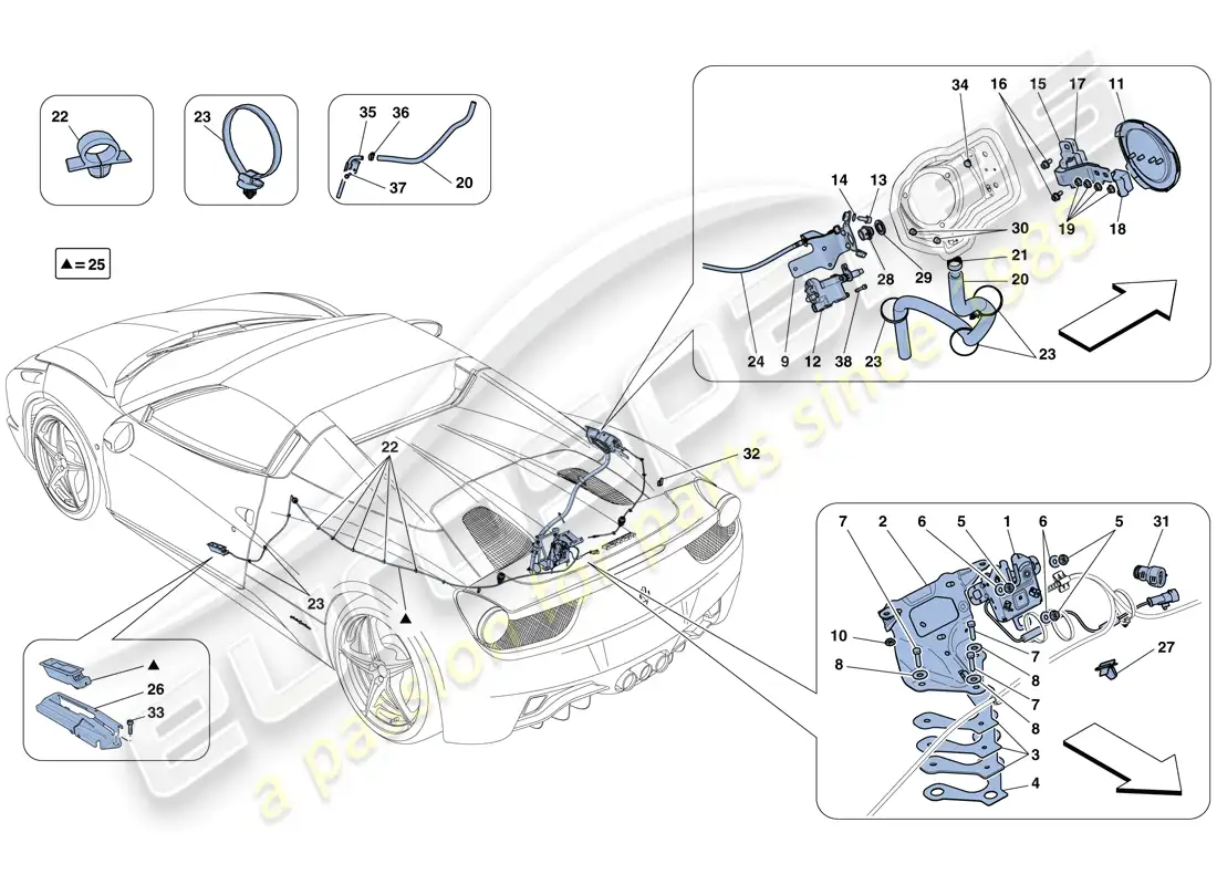 ferrari 458 spider (europe) engine compartment lid and fuel filler flap opening mechanisms parts diagram