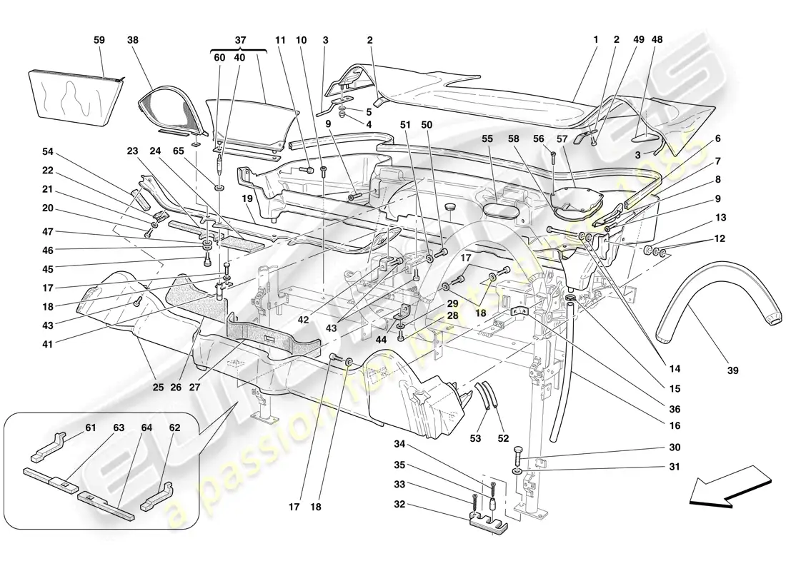 ferrari f430 scuderia (rhd) roof trim and container tub parts diagram