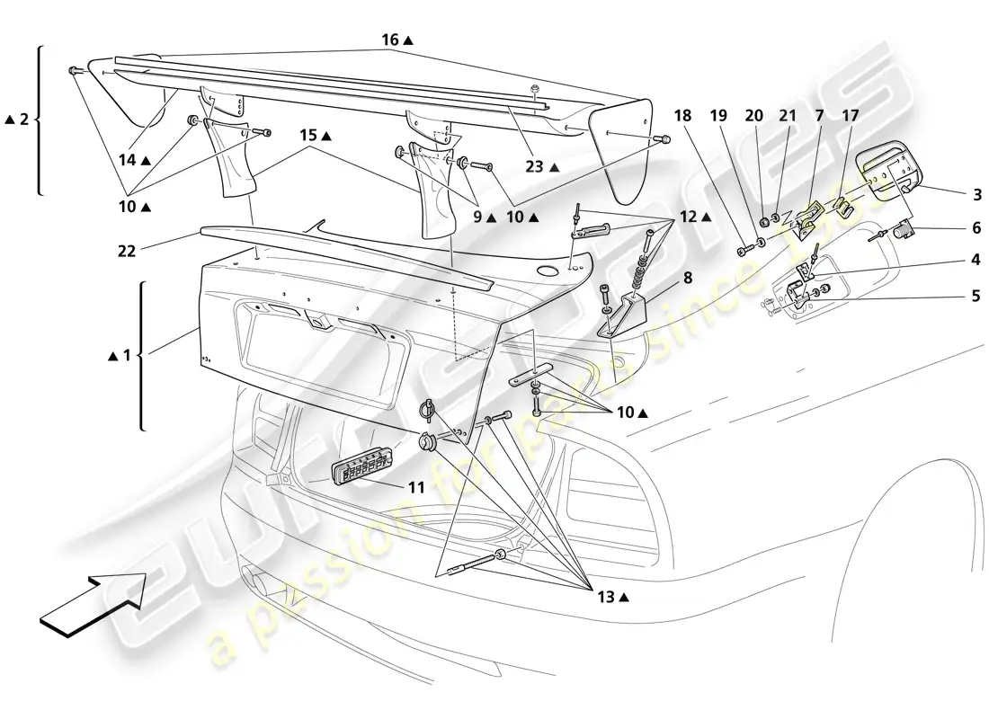 maserati trofeo trunk hood bonnet and gas door parts diagram