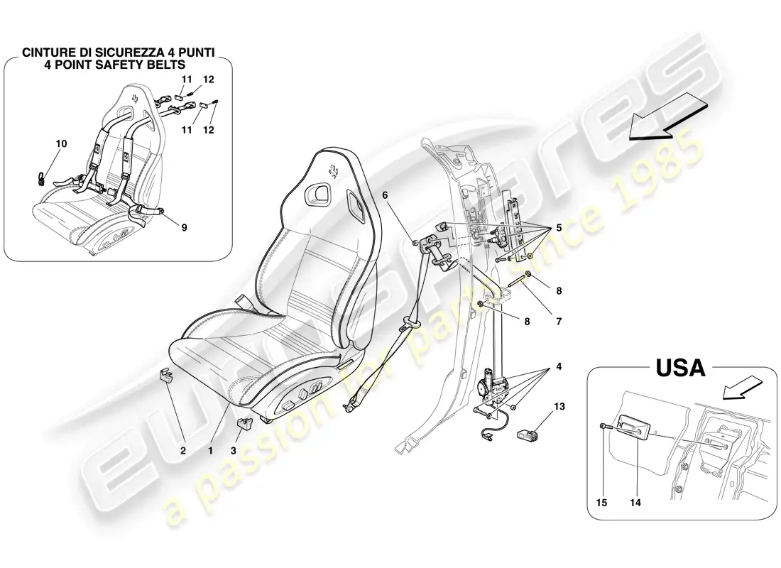 ferrari 599 gto (rhd) complete front seat and seat belts parts diagram