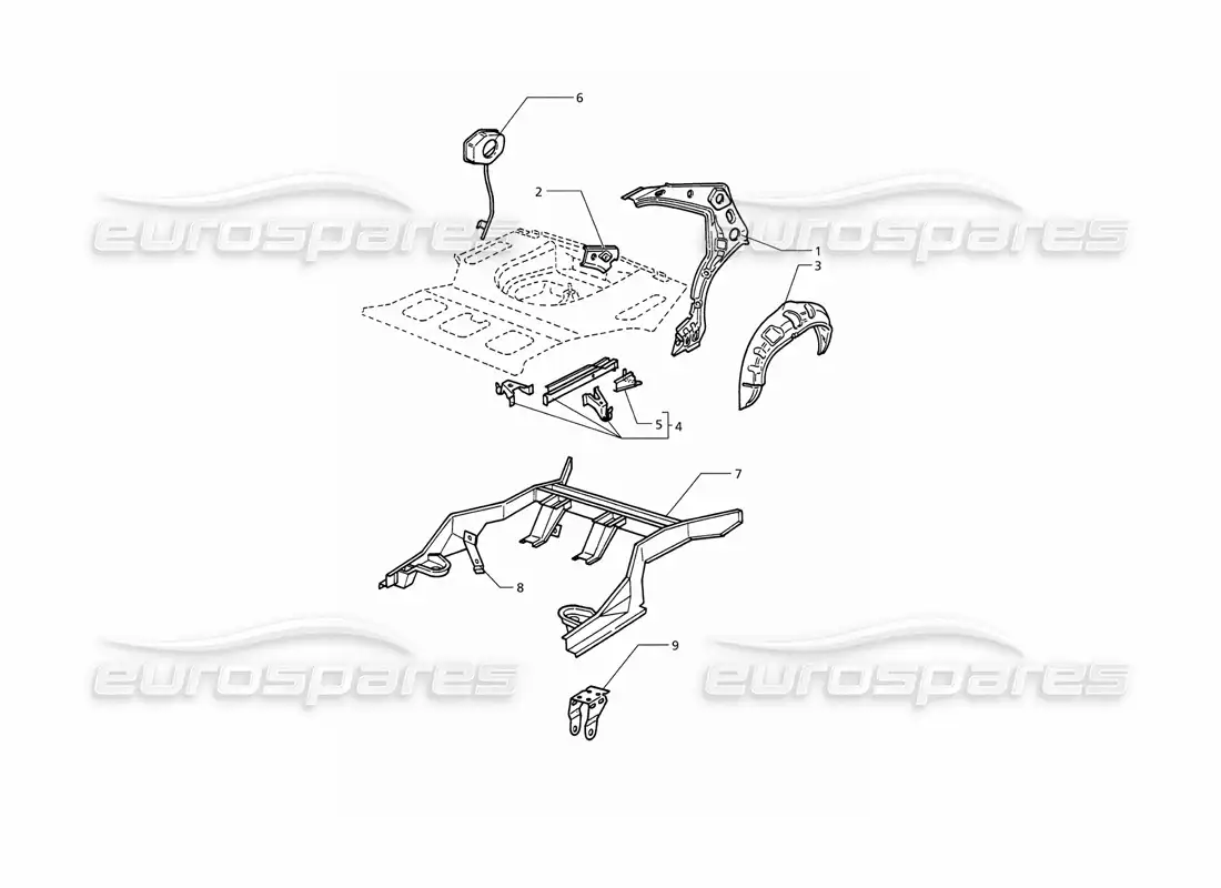 maserati qtp v8 (1998) body shell: rear outer structure parts diagram
