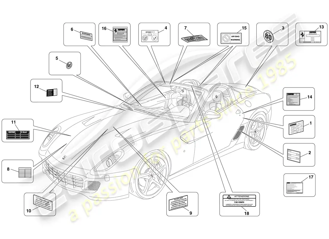 ferrari 599 sa aperta (usa) adhesive labels and plaques parts diagram