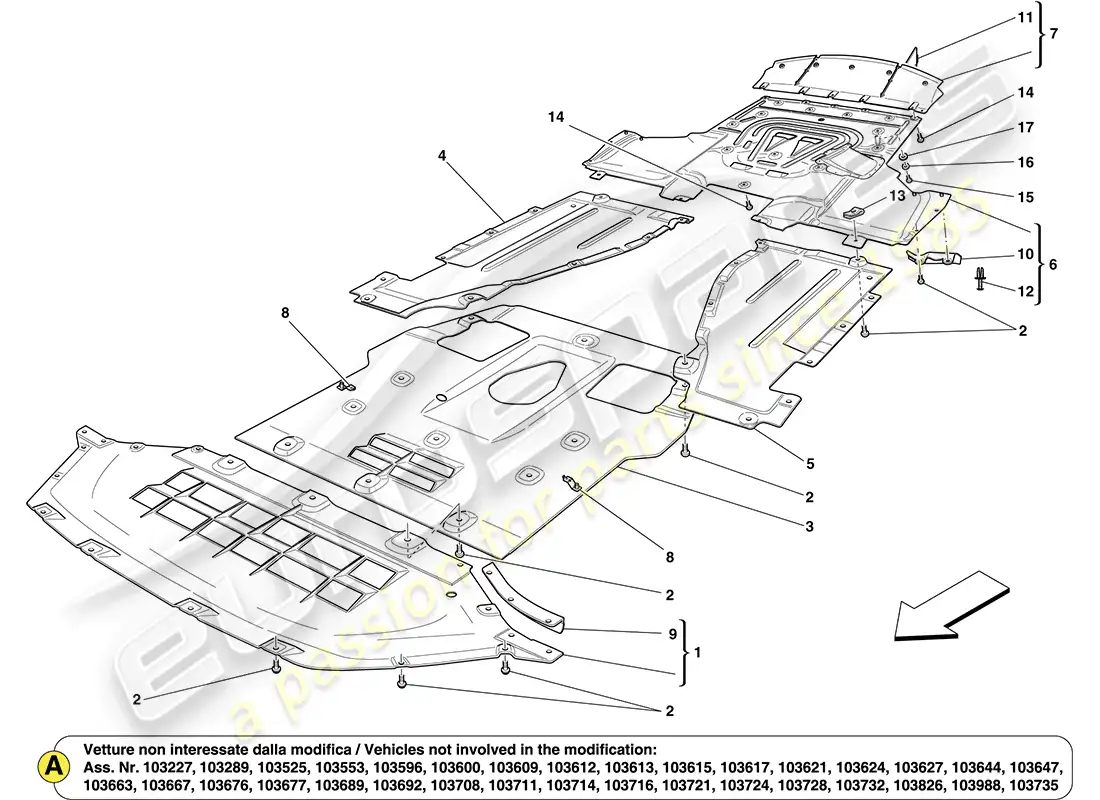 ferrari california (rhd) underbody shields and flat undertray sections parts diagram